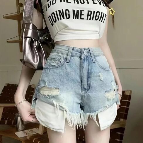 Women Blue Ripped Rough Edge High Waist Denim Shorts Sexy Y2K Patchwork Multi-Pocket Zipper A-line Jeans All-Match Simple in Saudi Arabia