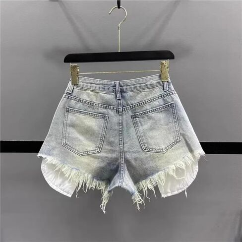 Women Blue Ripped Rough Edge High Waist Denim Shorts Sexy Y2K Patchwork Multi-Pocket Zipper A-line Jeans All-Match Simple in Saudi Arabia