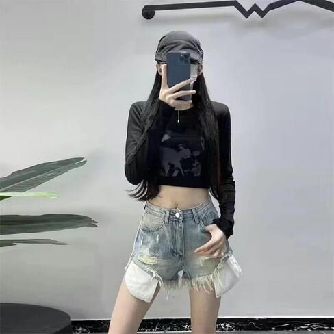 Women Blue Ripped Rough Edge High Waist Denim Shorts Sexy Y2K Patchwork Multi-Pocket Zipper A-line Jeans All-Match Simple in Saudi Arabia