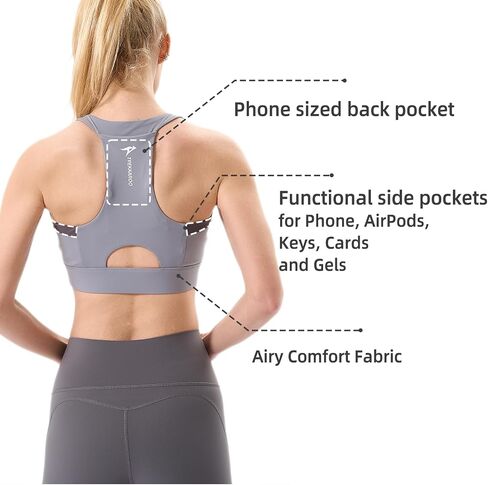 RapidRoo Women's Sports Bra with 3 Pockets, Racerback High Impact Running Bra, Fast Drying Yoga Top, Gym Workout Activewear in Kuwait