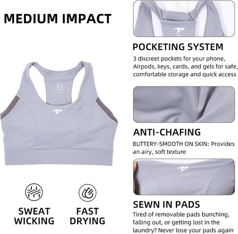 RapidRoo Women's Sports Bra with 3 Pockets, Racerback High Impact Running Bra, Fast Drying Yoga Top, Gym Workout Activewear in Kuwait