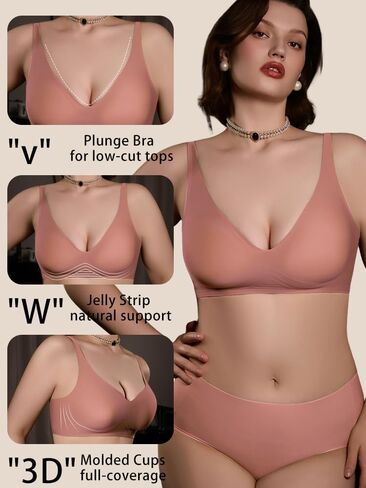 Womens Deep-V Wireless Jelly Bra, Supportive No Underwire Bra, T-Shirt Push Up Bralettes Plunge, Full-Cup Seamless Bra in Kuwait