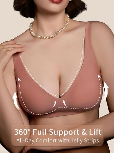 Womens Deep-V Wireless Jelly Bra, Supportive No Underwire Bra, T-Shirt Push Up Bralettes Plunge, Full-Cup Seamless Bra in Kuwait