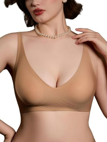 Womens Deep-V Wireless Jelly Bra, Supportive No Underwire Bra, T-Shirt Push Up Bralettes Plunge, Full-Cup Seamless Bra in Kuwait
