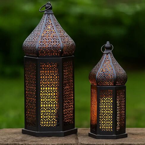 VELA LANTERNS Golden Tower Temple Moroccan Lantern Lamp Decorative Candle Holders for Ramadan Decorations, Hanging, Outdoor Patio or Porch, Indoor Home Decor, Gold, Set of 2 (11" Small and 15" Large) in Saudi Arabia