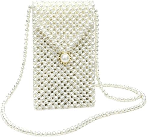 Luxury Women's White Pearl Clutch Bag, Artificial Pearl Beaded Chain Bag Purse Handmade Evening Bags for Party Wedding Bridal Party Travel Prom 7x4.3in in Kuwait