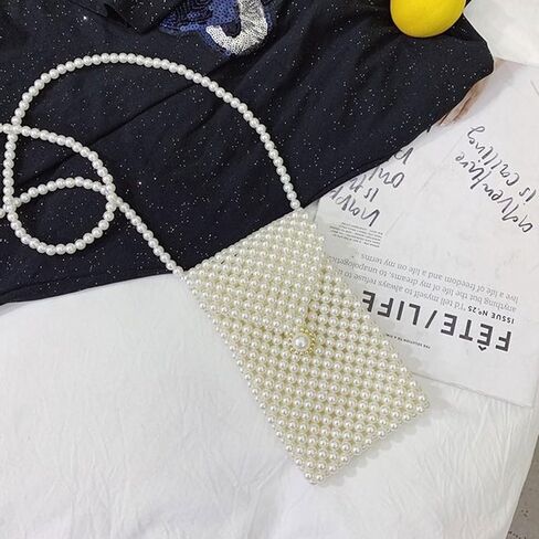 Luxury Women's White Pearl Clutch Bag, Artificial Pearl Beaded Chain Bag Purse Handmade Evening Bags for Party Wedding Bridal Party Travel Prom 7x4.3in in Kuwait