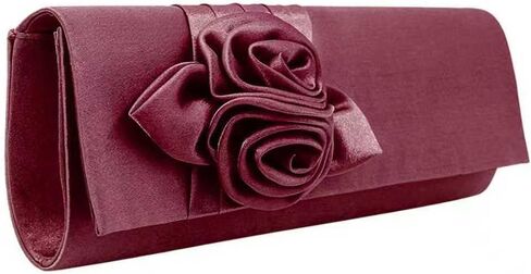 Mini Long Burgundy Satin Evening Clutch with 3D Flower Detail,Small Rectangular Handbag with Chain Strap for Formal Events Weddings（Wine Red in Saudi Arabia