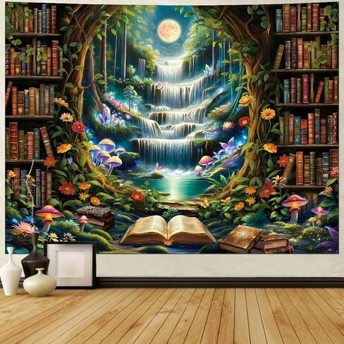 Amonercvita Bookshelf Tapestry Fantasy Waterfall Tapestries Magical Library Tapestries Aesthetic Plants Bookcase Tapestry Wall Hanging for Home Decor in Saudi Arabia