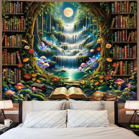 Amonercvita Bookshelf Tapestry Fantasy Waterfall Tapestries Magical Library Tapestries Aesthetic Plants Bookcase Tapestry Wall Hanging for Home Decor in Saudi Arabia