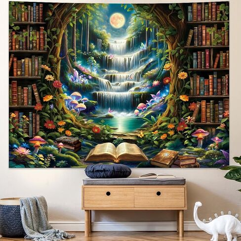 Amonercvita Bookshelf Tapestry Fantasy Waterfall Tapestries Magical Library Tapestries Aesthetic Plants Bookcase Tapestry Wall Hanging for Home Decor in Saudi Arabia