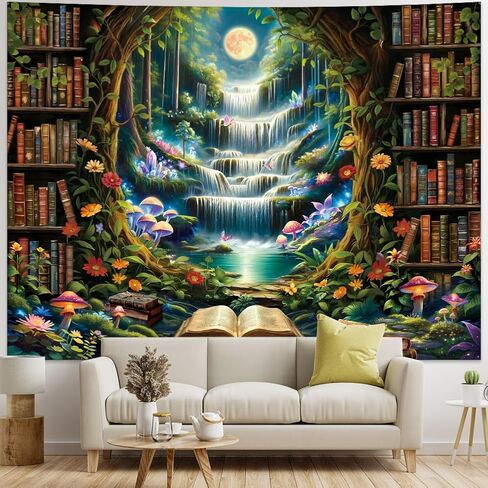Amonercvita Bookshelf Tapestry Fantasy Waterfall Tapestries Magical Library Tapestries Aesthetic Plants Bookcase Tapestry Wall Hanging for Home Decor in Saudi Arabia