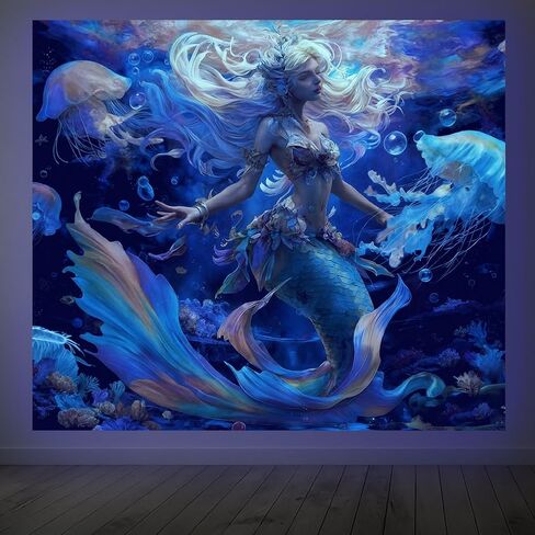 CRAFTYMELODY Mermaid Blacklight Tapestry Ocean Theme Glow in the Dark Tapestry UV Reactive Forest Wall Hanging 59×51 Inch with Hook Self Adhesive Sticker Clip for Home Wall Decor in Kuwait