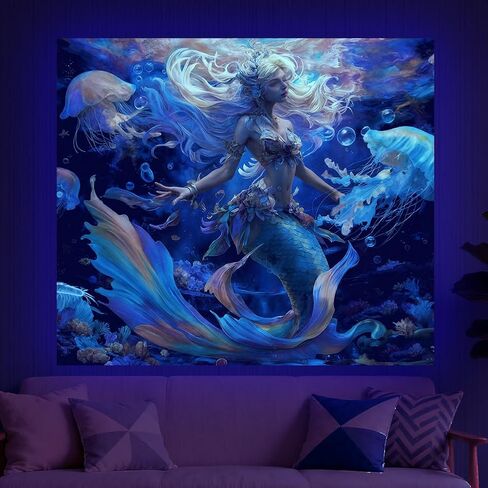 CRAFTYMELODY Mermaid Blacklight Tapestry Ocean Theme Glow in the Dark Tapestry UV Reactive Forest Wall Hanging 59×51 Inch with Hook Self Adhesive Sticker Clip for Home Wall Decor in Kuwait