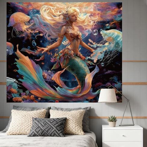 CRAFTYMELODY Mermaid Blacklight Tapestry Ocean Theme Glow in the Dark Tapestry UV Reactive Forest Wall Hanging 59×51 Inch with Hook Self Adhesive Sticker Clip for Home Wall Decor in Kuwait