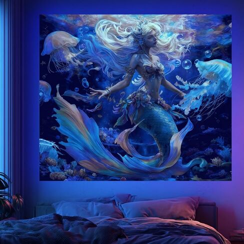 CRAFTYMELODY Mermaid Blacklight Tapestry Ocean Theme Glow in the Dark Tapestry UV Reactive Forest Wall Hanging 59×51 Inch with Hook Self Adhesive Sticker Clip for Home Wall Decor in Kuwait