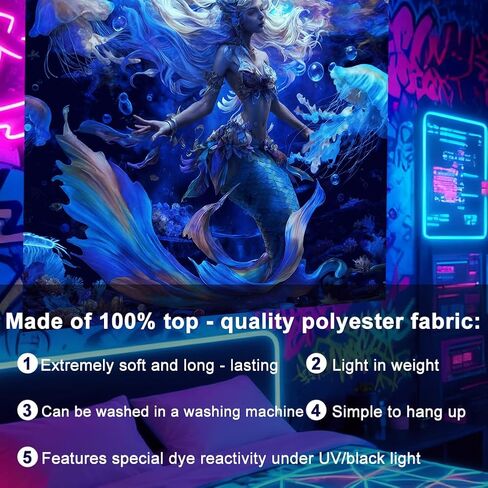 CRAFTYMELODY Mermaid Blacklight Tapestry Ocean Theme Glow in the Dark Tapestry UV Reactive Forest Wall Hanging 59×51 Inch with Hook Self Adhesive Sticker Clip for Home Wall Decor in Kuwait