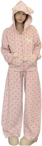 Kawaii Puppy 2-Piece Set Y2K Pink Hoodie & Pants | Cute Dog Embroidery Outfit Women's Loose Fit Tracksuit in Saudi Arabia