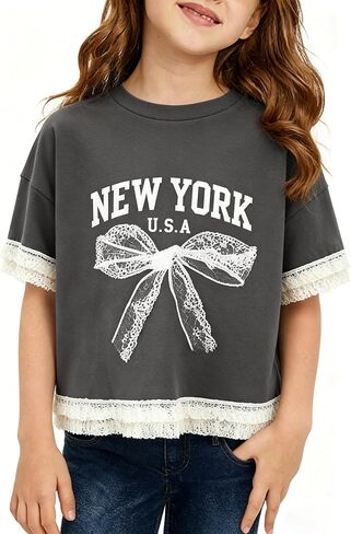 Girls Short Sleeve T Shirts Kids Summer Tops Crewneck Lace Trim Basic Graphic Tees in Saudi Arabia