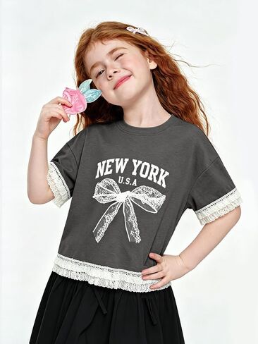 Girls Short Sleeve T Shirts Kids Summer Tops Crewneck Lace Trim Basic Graphic Tees in Saudi Arabia