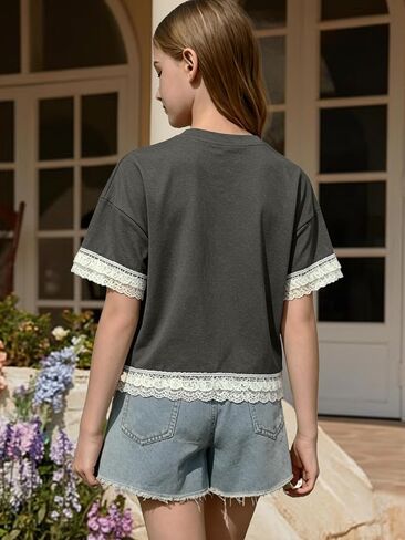 Girls Short Sleeve T Shirts Kids Summer Tops Crewneck Lace Trim Basic Graphic Tees in Saudi Arabia