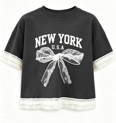 Girls Short Sleeve T Shirts Kids Summer Tops Crewneck Lace Trim Basic Graphic Tees in Saudi Arabia