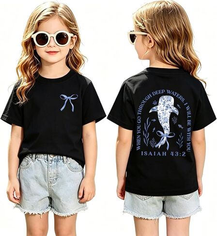 Fkatuzi Girls Christian Whale Shark Shirts Kids Jesus Bible Verse Shirt Faith God Religious T Shirt Cute Bow Graphic Tee Tops in Saudi Arabia