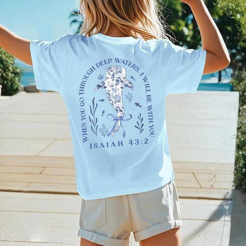 Fkatuzi Girls Christian Whale Shark Shirts Kids Jesus Bible Verse Shirt Faith God Religious T Shirt Cute Bow Graphic Tee Tops in Saudi Arabia