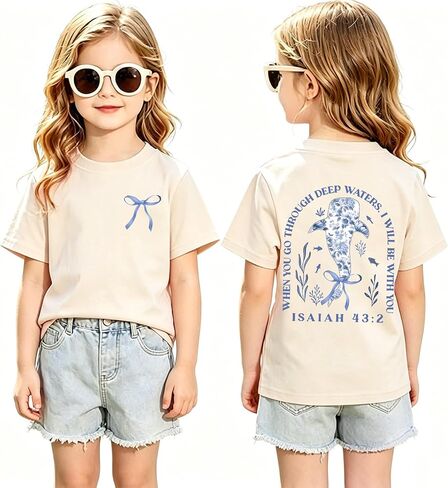 Fkatuzi Girls Christian Whale Shark Shirts Kids Jesus Bible Verse Shirt Faith God Religious T Shirt Cute Bow Graphic Tee Tops in Saudi Arabia