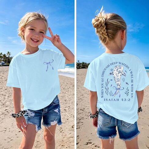 Fkatuzi Girls Christian Whale Shark Shirts Kids Jesus Bible Verse Shirt Faith God Religious T Shirt Cute Bow Graphic Tee Tops in Saudi Arabia