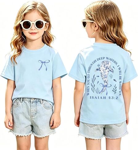 Fkatuzi Girls Christian Whale Shark Shirts Kids Jesus Bible Verse Shirt Faith God Religious T Shirt Cute Bow Graphic Tee Tops in Saudi Arabia
