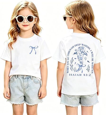 Fkatuzi Girls Christian Whale Shark Shirts Kids Jesus Bible Verse Shirt Faith God Religious T Shirt Cute Bow Graphic Tee Tops in Saudi Arabia