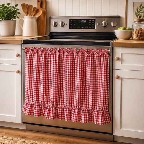 LOSOZO Handmade Farmhouse Oven Skirt for Kitchen Decor, Oven Curtain Tie Top Decorative Cabinet Dish Washer,Appliance Curtain with Ruffled Trim & Ribbon Ties,Effortless Install (Heart Red) in Kuwait