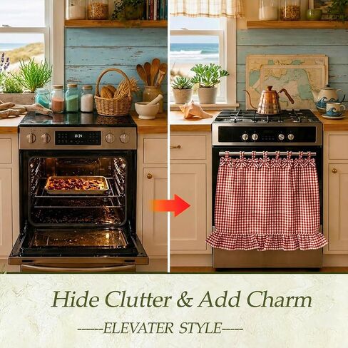 LOSOZO Handmade Farmhouse Oven Skirt for Kitchen Decor, Oven Curtain Tie Top Decorative Cabinet Dish Washer,Appliance Curtain with Ruffled Trim & Ribbon Ties,Effortless Install (Heart Red) in Kuwait