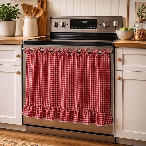 LOSOZO Handmade Farmhouse Oven Skirt for Kitchen Decor, Oven Curtain Tie Top Decorative Cabinet Dish Washer,Appliance Curtain with Ruffled Trim & Ribbon Ties,Effortless Install (Heart Red) in Kuwait