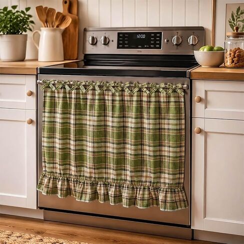 LOSOZO Handmade Farmhouse Oven Skirt for Kitchen Decor, Oven Curtain Tie Top Decorative Cabinet Dish Washer,Appliance Curtain with Ruffled Trim & Ribbon Ties,Effortless Install (Heart Red) in Kuwait