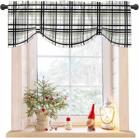 DecorLovee Sage Green Black Plaid Tie Up Valances for Windows, Kitchen Curtains Valance, Farmhouse Green Black Checkered Rod Pocket Window Treatment Tiers Curtains for Living Room/Bedroom 42"x18" in Saudi Arabia