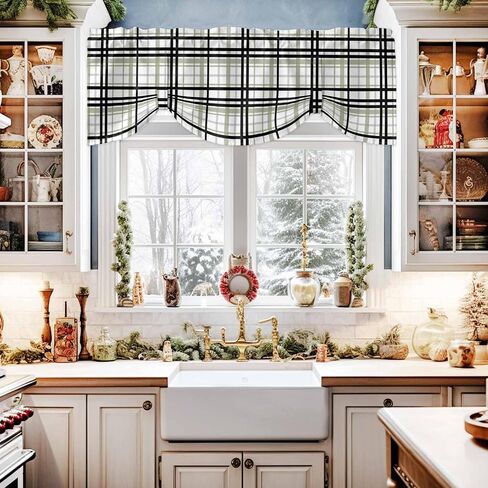 DecorLovee Sage Green Black Plaid Tie Up Valances for Windows, Kitchen Curtains Valance, Farmhouse Green Black Checkered Rod Pocket Window Treatment Tiers Curtains for Living Room/Bedroom 42"x18" in Saudi Arabia