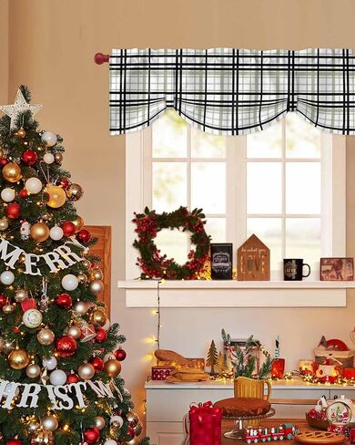 DecorLovee Sage Green Black Plaid Tie Up Valances for Windows, Kitchen Curtains Valance, Farmhouse Green Black Checkered Rod Pocket Window Treatment Tiers Curtains for Living Room/Bedroom 42"x18" in Saudi Arabia