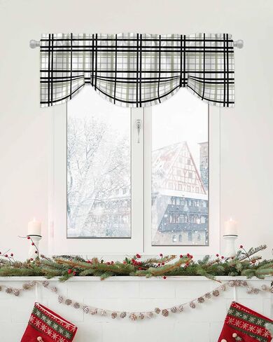 DecorLovee Sage Green Black Plaid Tie Up Valances for Windows, Kitchen Curtains Valance, Farmhouse Green Black Checkered Rod Pocket Window Treatment Tiers Curtains for Living Room/Bedroom 42"x18" in Saudi Arabia