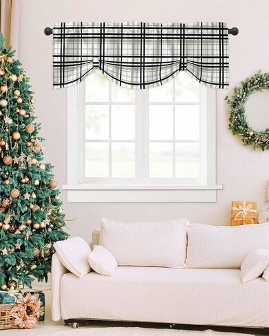DecorLovee Sage Green Black Plaid Tie Up Valances for Windows, Kitchen Curtains Valance, Farmhouse Green Black Checkered Rod Pocket Window Treatment Tiers Curtains for Living Room/Bedroom 42"x18" in Saudi Arabia