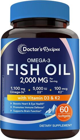 Doctor's Recipes Omega-3 Fish Oil with Vitamin D3 K2, 1100 mg Omega-3 Fatty Acids, D3 5000 iu & K2 100 mcg, for Healthy Heart Brain Eye Support, for Women and Men 60 Softgels in Saudi Arabia