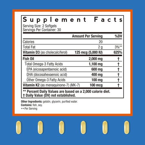 Doctor's Recipes Omega-3 Fish Oil with Vitamin D3 K2, 1100 mg Omega-3 Fatty Acids, D3 5000 iu & K2 100 mcg, for Healthy Heart Brain Eye Support, for Women and Men 60 Softgels in Saudi Arabia