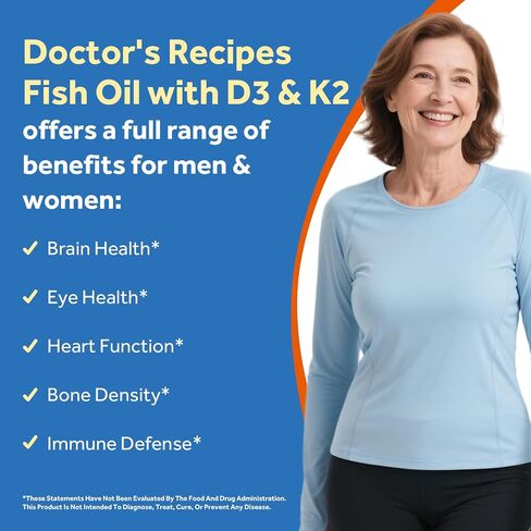 Doctor's Recipes Omega-3 Fish Oil with Vitamin D3 K2, 1100 mg Omega-3 Fatty Acids, D3 5000 iu & K2 100 mcg, for Healthy Heart Brain Eye Support, for Women and Men 60 Softgels in Saudi Arabia