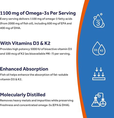 Doctor's Recipes Omega-3 Fish Oil with Vitamin D3 K2, 1100 mg Omega-3 Fatty Acids, D3 5000 iu & K2 100 mcg, for Healthy Heart Brain Eye Support, for Women and Men 60 Softgels in Saudi Arabia