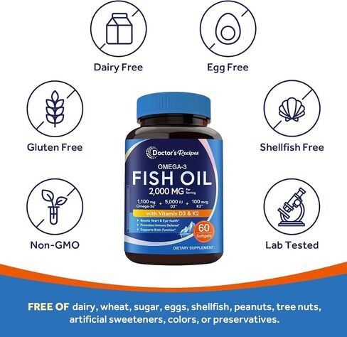 Doctor's Recipes Omega-3 Fish Oil with Vitamin D3 K2, 1100 mg Omega-3 Fatty Acids, D3 5000 iu & K2 100 mcg, for Healthy Heart Brain Eye Support, for Women and Men 60 Softgels in Saudi Arabia