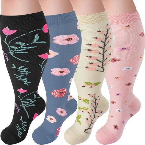 4 Pairs Plus Size Compression Socks,Extra Wide Calf 20-30 mmHg Knee High Compression Socks for Men Women Circulation in Saudi Arabia