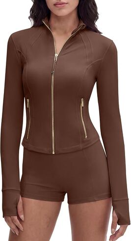 SUUKSESS Women Golden Full Zip Up Workout Cropped Jackets Lightweight Athletic Yoga Tops in Saudi Arabia
