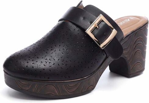 Mintzice Women's Hollow Out Low Block Chunky Heels Adjustable Buckle Slip On Wood Grain Open Back Mule Clogs in Saudi Arabia