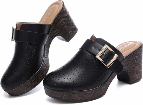 Mintzice Women's Hollow Out Low Block Chunky Heels Adjustable Buckle Slip On Wood Grain Open Back Mule Clogs in Saudi Arabia